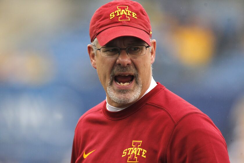 MORGANTOWN, WV - NOVEMBER 28: Paul Rhoads of the Iowa State Cyclones coaches during the game against the West Virginia Mountaineers on November 28, 2015 at Mountaineer Field in Morgantown, West Virginia. (Photo by Justin K. Aller/Getty Images)