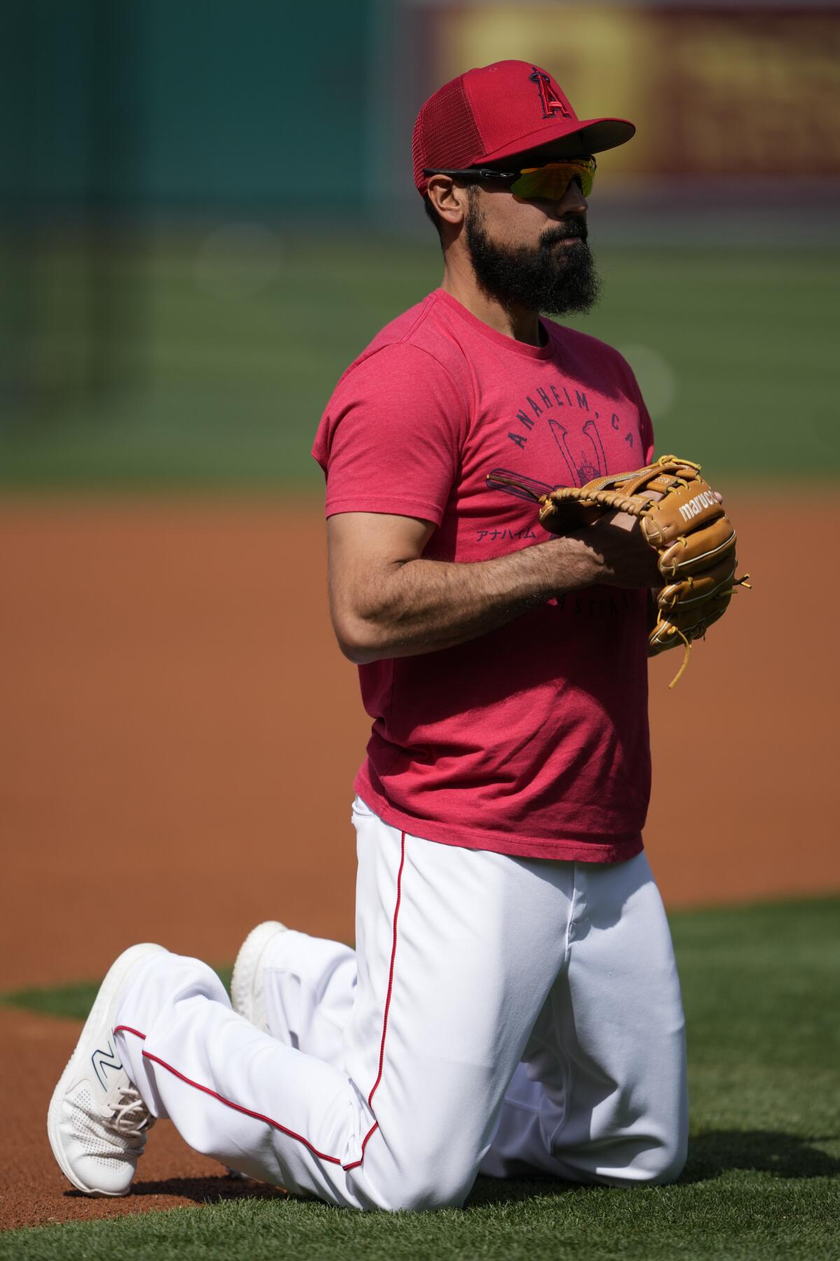 Angels third baseman Anthony Rendon participates in batting practice before a game at Angel Stadium.