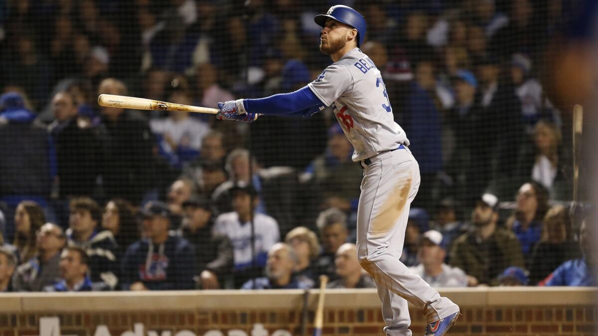 Dodgers' Cody Bellinger hits a two-run home run against the Chicago Cubs during the sixth inning Wednesday in Chicago.