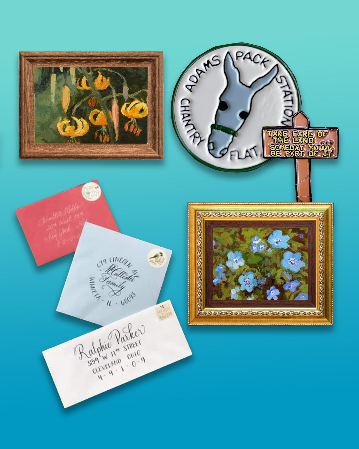 Calligraphy, cards based on oil paintings, wearable pin