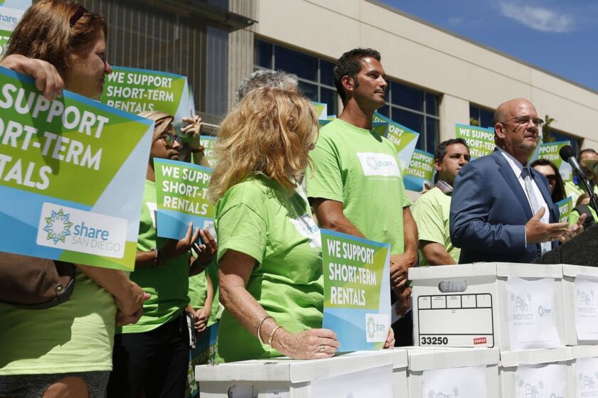 San Diego City Councilman Scott Sherman speaks at a news conference before signatures were delivered to the San Diego Registrar of Voters to qualify a referendum to overturn the ban on second home vacation rentals passed by the San Diego City Council on August 30, 2018. (Photo by K.C. Alfred/San Diego Union-Tribune)