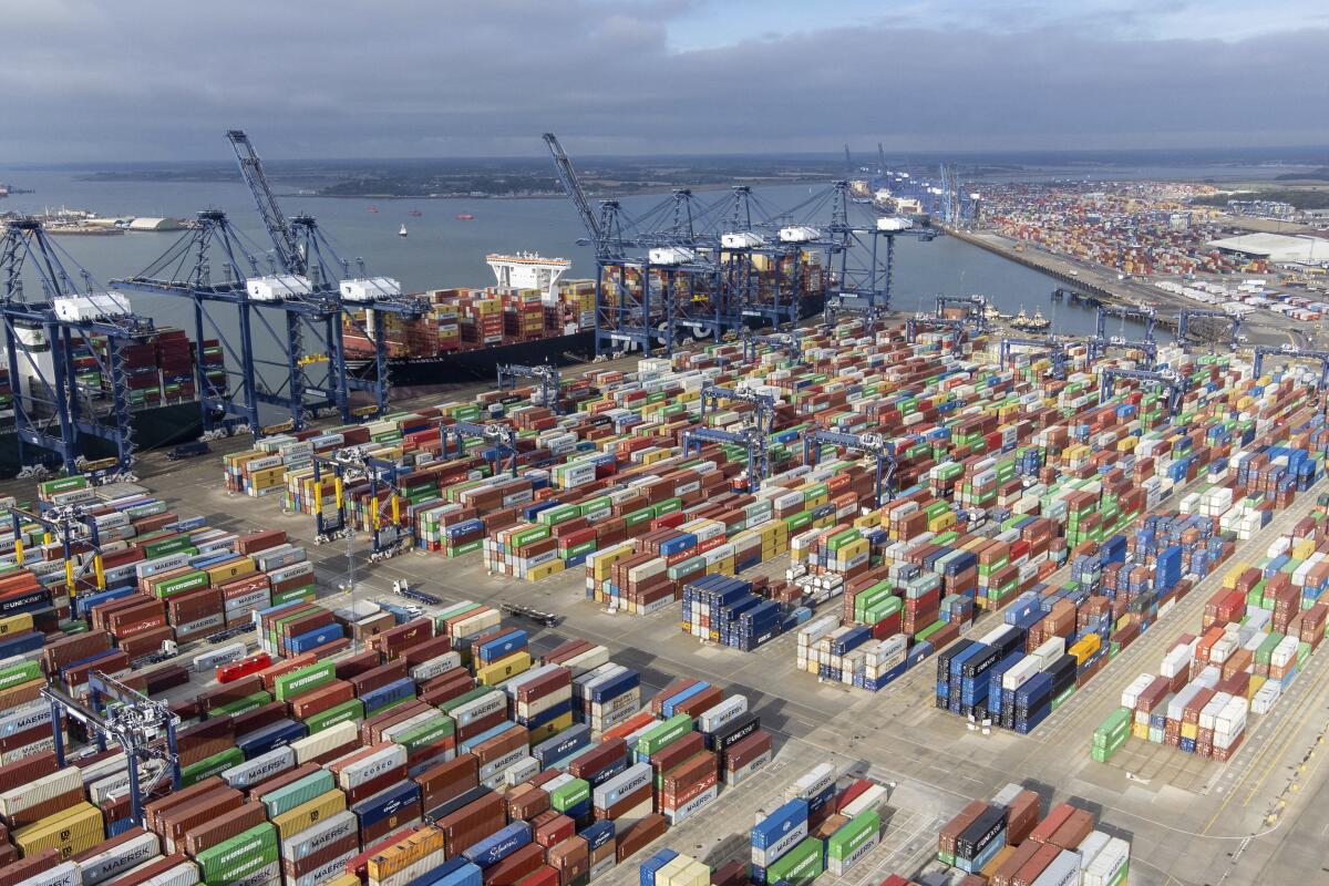 Thousands of shipping containers at the Felixstowe port in England