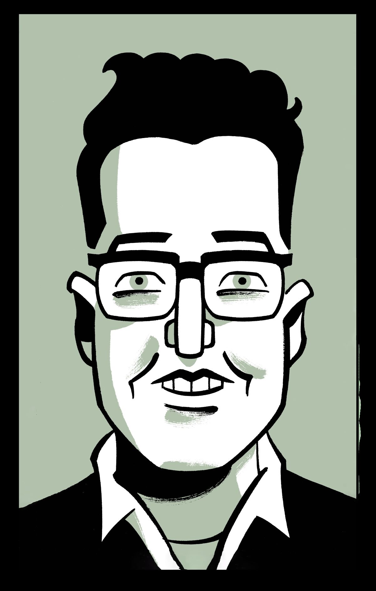 A drawing of a man with wavy hair, wearing glasses