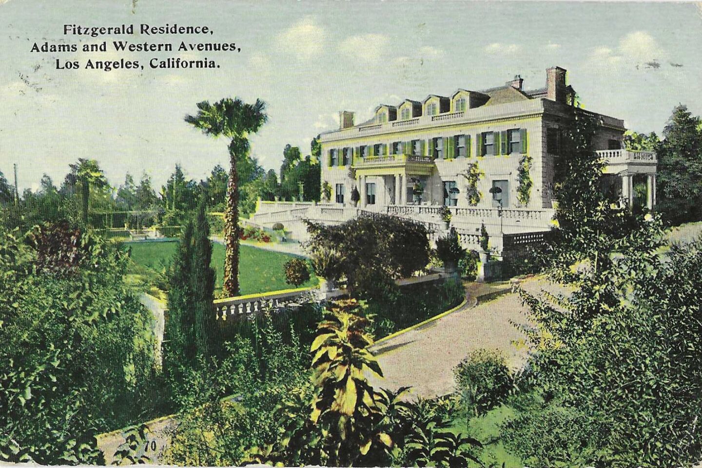 A home made of reinforced concrete commanded the northwest corner of then-West Adams Street and Western Avenue on a vintage postcard mailed in 1912. Today, that corner is home to a retirement housing and assisted living complex. Theda Bara, a silent screen star, rented this home briefly in 1918.