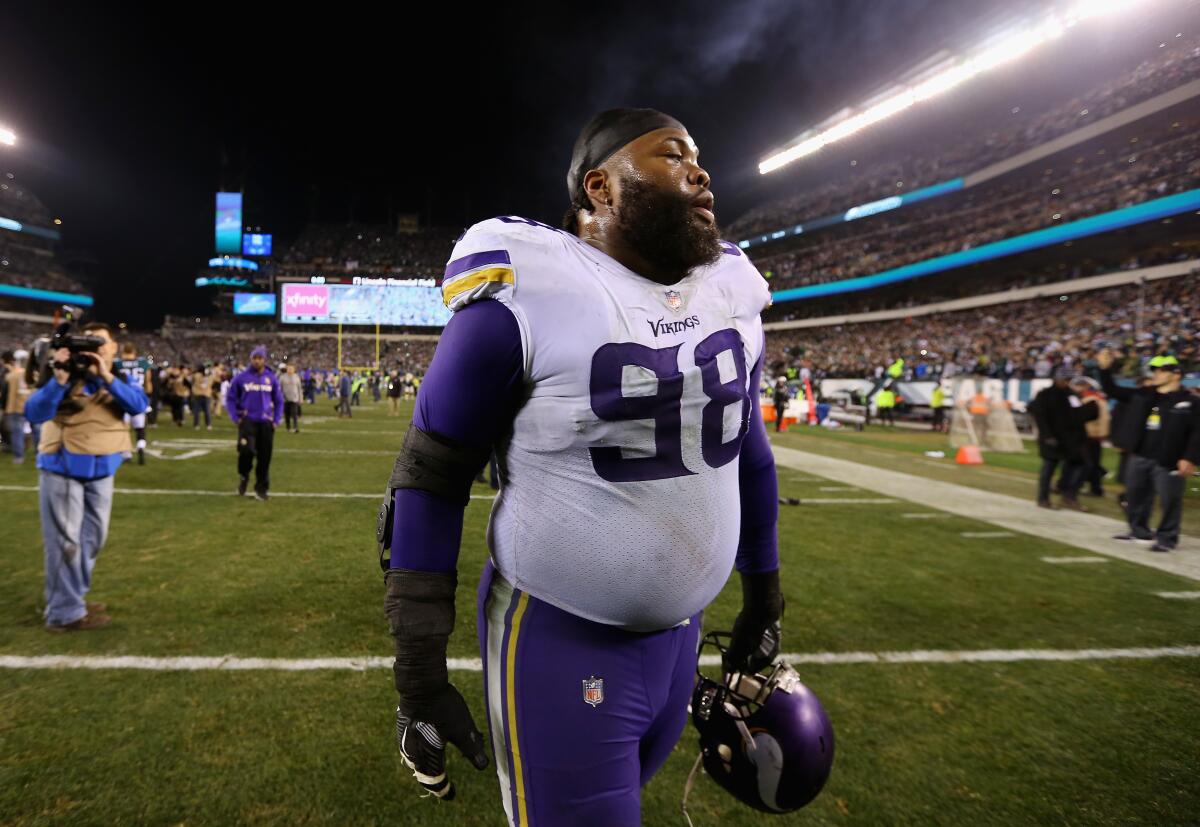 Free agent defensive tackle Linval Joseph, shown as a member of the Vikings, has agreed to a two-year contract with the Chargers.