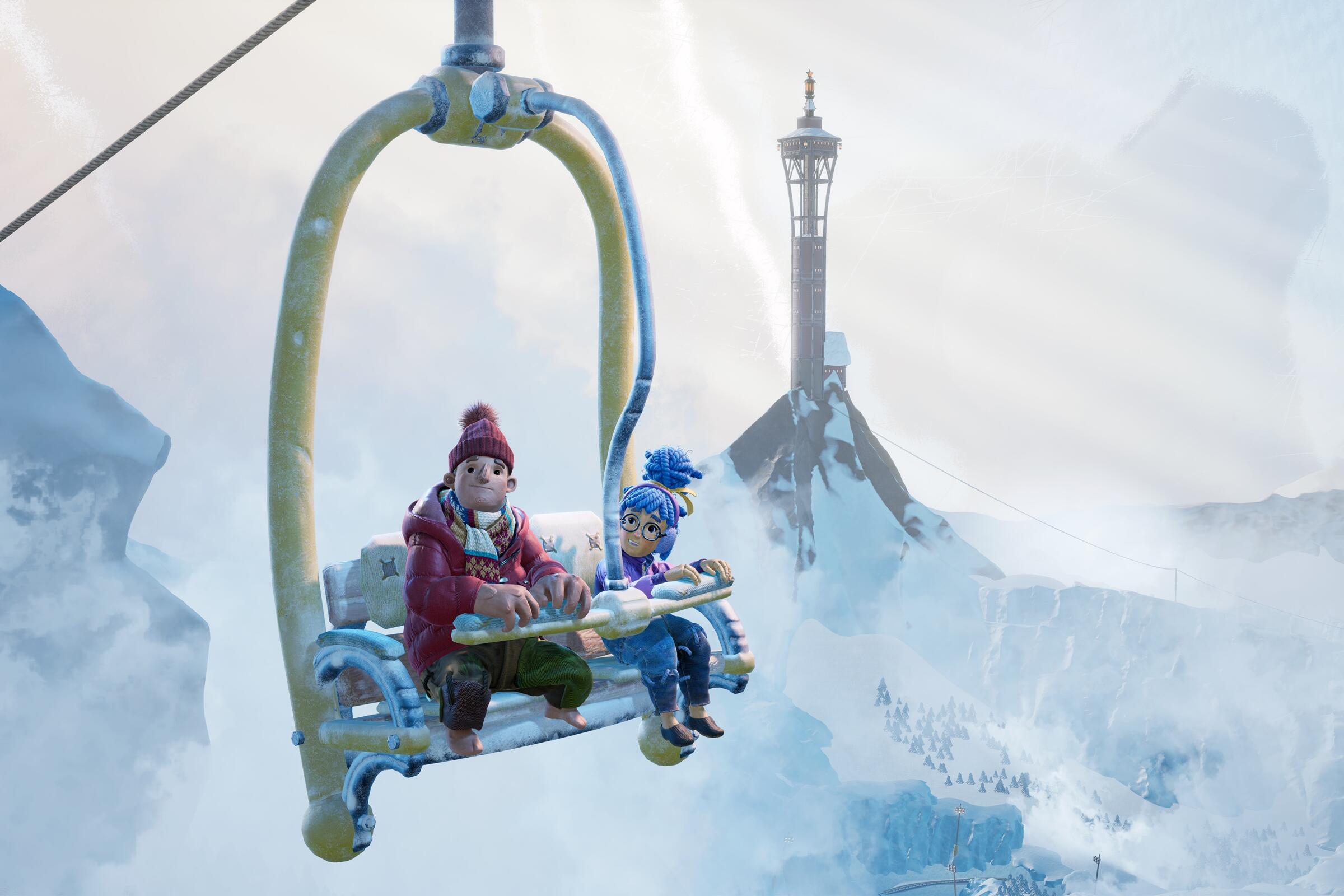 Animated couple on a sky lift
