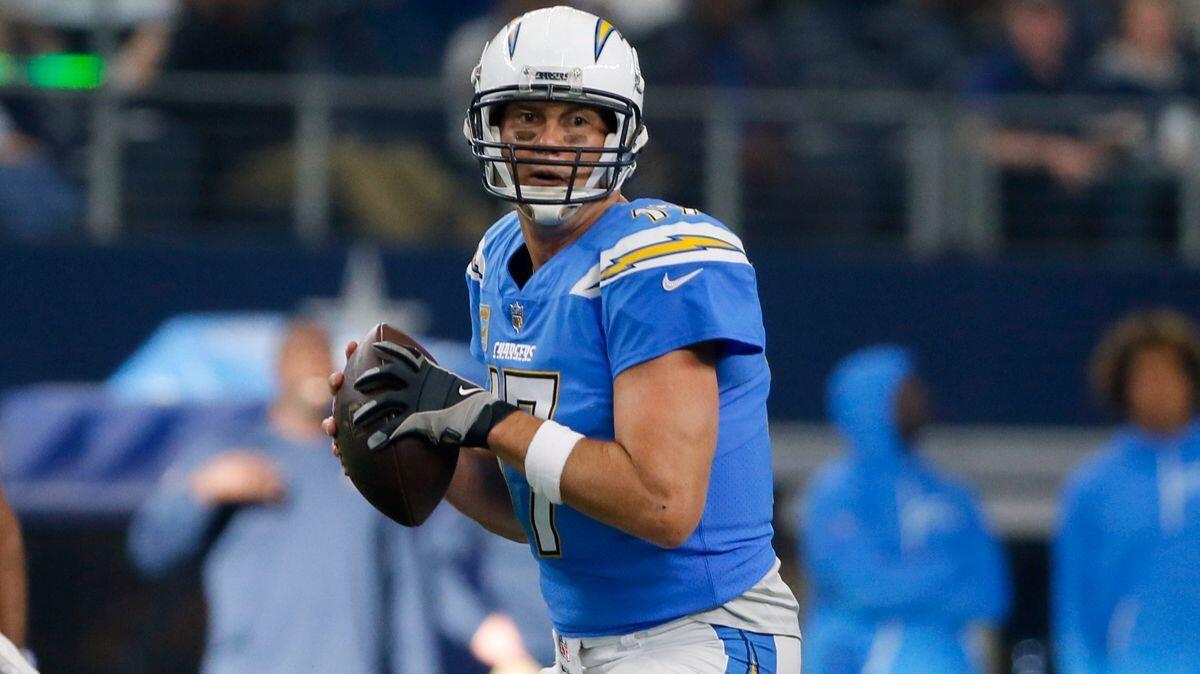 Chargers quarterback Philip Rivers prepares to throw a pass against the Dallas Cowboys in Arlington, Texas, on Nov. 23.