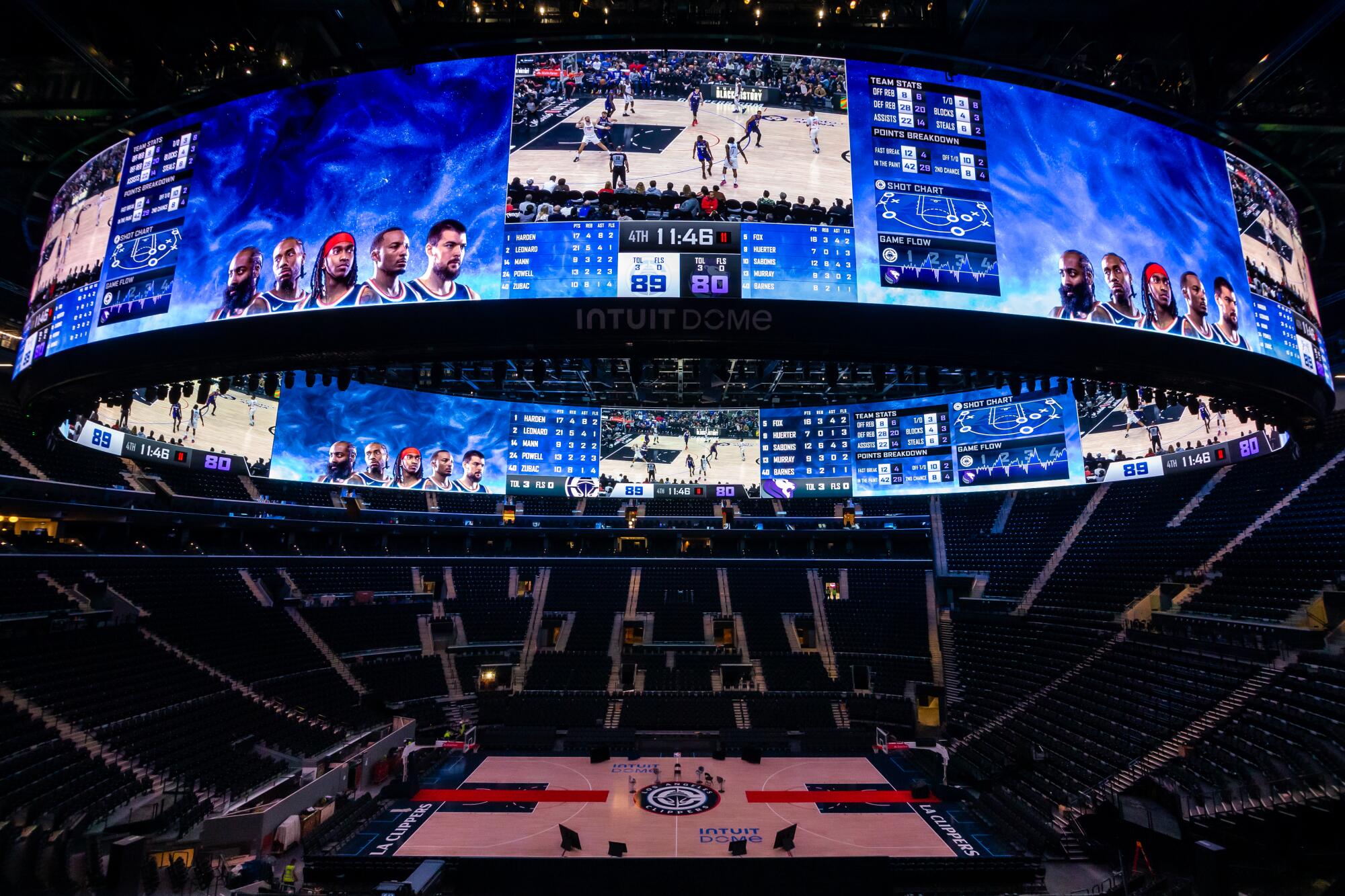 Inside the Intuit Dome arena, a monumental ring of dual-sided LED screens hovers over a basketball court.