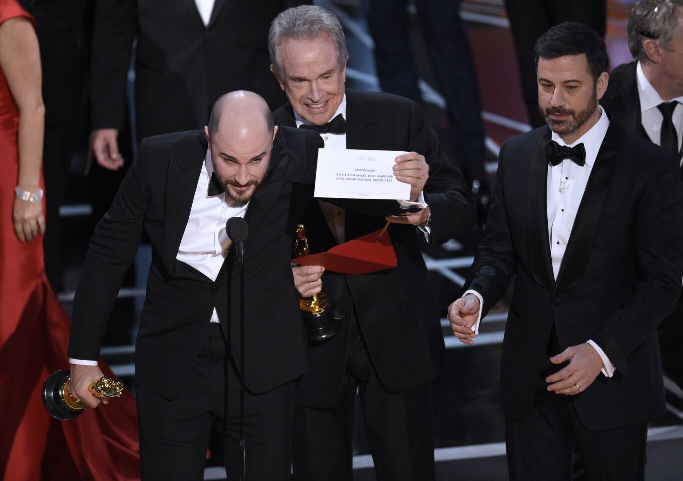 Jordan Horowitz, producer of "La La Land," shows the envelope revealing "Moonlight" as the true winner for best picture.