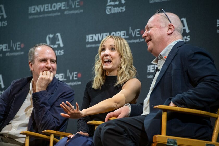 HOLLYWOOD, CA -NOVEMBER 12, 2019: Kevin Doyle, Joanne Froggatt and composer John Lunn, from left, at the LA Times Envelope Live screening of “Downton Abbey” at The Montalbán Theatre. (Michael Owen Baker / For The Times)