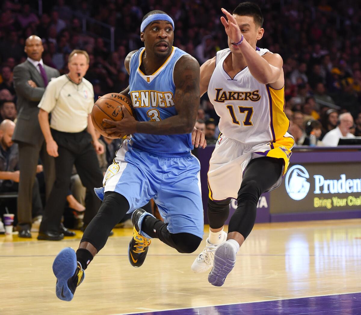 Denver guard Ty Lawson had 18 points and 16 assists in the Nuggets' 101-94 overtime victory Sunday over the Lakers at Staples Center.