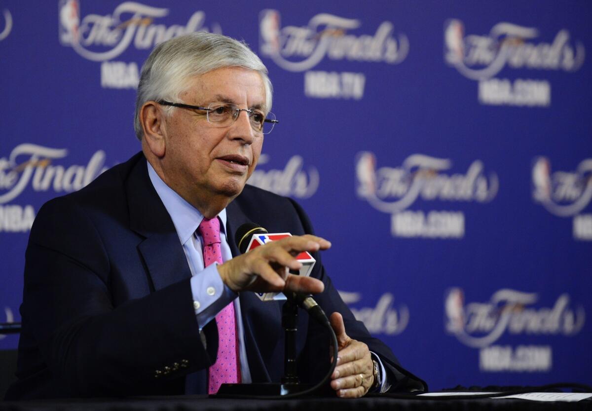 David Stern holds a news conference during the NBA Finals in 2013.