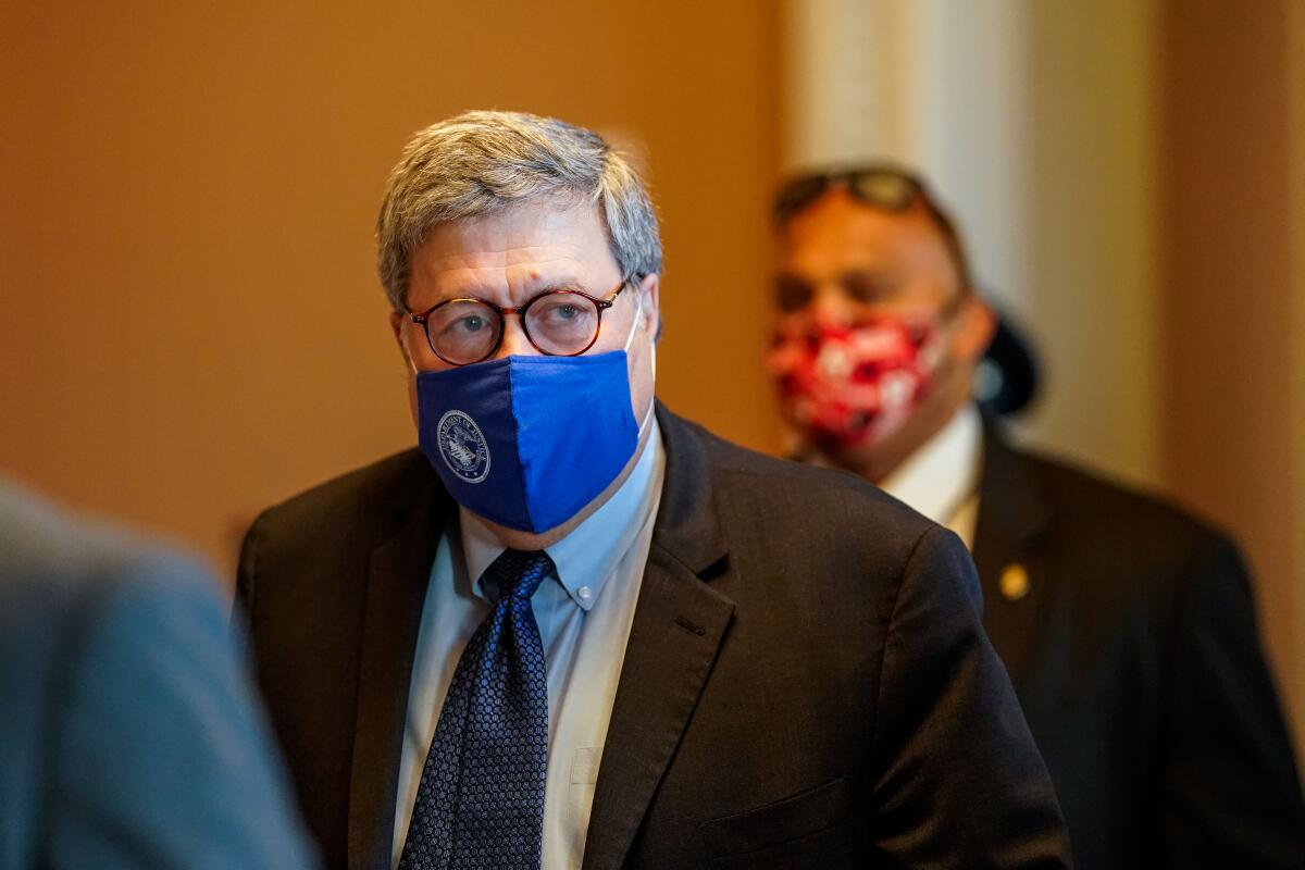 Former U.S. Atty. Gen. William P. Barr at the Capitol in November 2020.