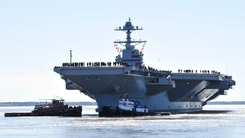 The new aircraft carrier Gerald R. Ford departs Huntington Ingalls Industries Newport News Shipbuilding for builder's sea trials on April 8, 2017.