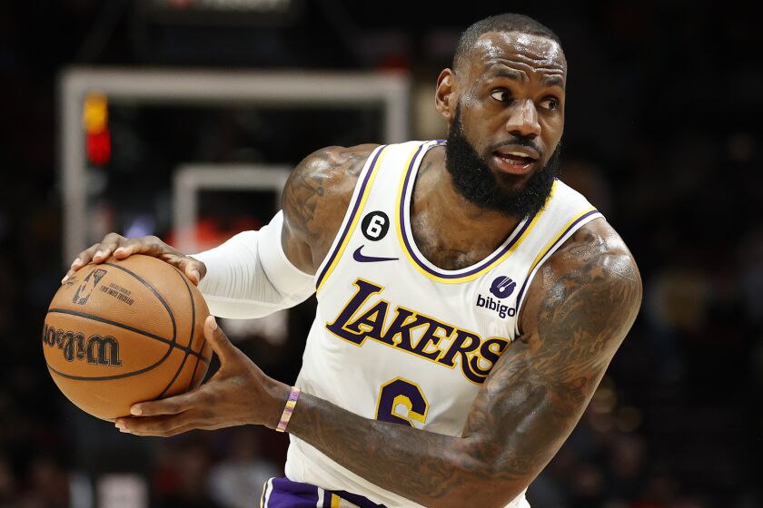 PORTLAND, OREGON - JANUARY 22: LeBron James #6 of the Los Angeles Lakers looks to pass.