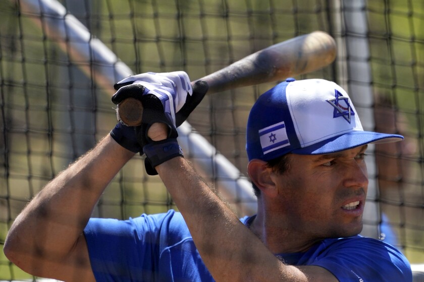Israel Olympic baseball player Ian Kinsler takes batting practice at Salt River Fields spring training facility, Wednesday, May 12, 2021, in Scottsdale, Ariz. Israel has qualified for the six-team baseball tournament at the Tokyo Olympic games which will be its first appearance at the Olympics in any team sport since 1976. (AP Photo/Matt York)
