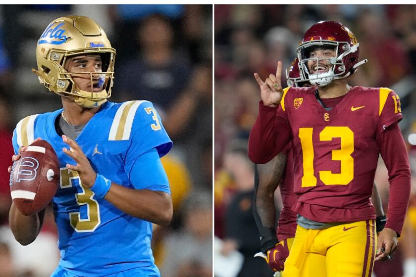 UCLA quarterback Dante Moore looks to pass, while USC quarterback Caleb Williams motions to the sideline in this collage