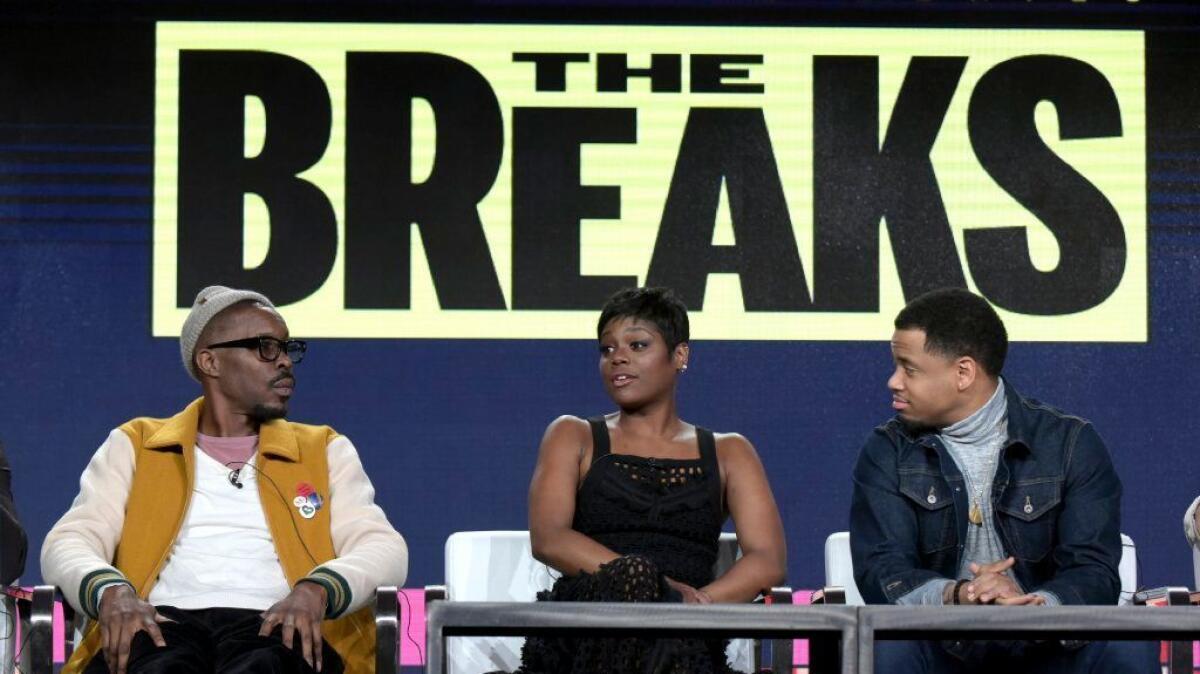 From left, Wood Harris, Afton Williamson and Mack Wilds attend "The Breaks" panel at Viacom's VH1 portion of the Winter Television Critics Assn. press tour on Jan. 13, 2017, in Pasadena.