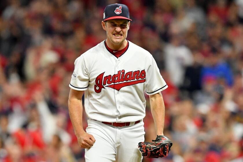 CLEVELAND, OH - OCTOBER 05: Trevor Bauer #47 of the Cleveland Indians celebrates after retiring the side in the fourth inning on a strike out against the New York Yankees during game one of the American League Division Series at Progressive Field on October 5, 2017 in Cleveland, Ohio. (Photo by Jason Miller/Getty Images) ** OUTS - ELSENT, FPG, CM - OUTS * NM, PH, VA if sourced by CT, LA or MoD **