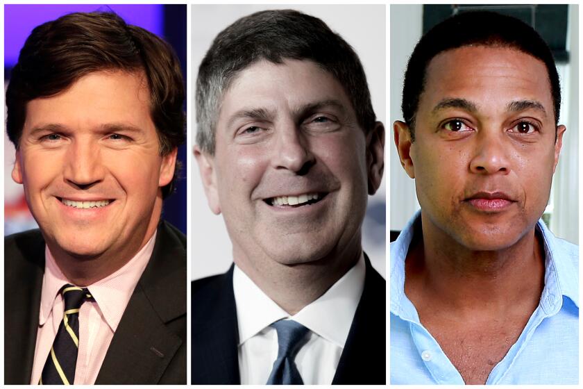 A triptych of Tucker Carlson, Jeff Shell and Don Lemon.