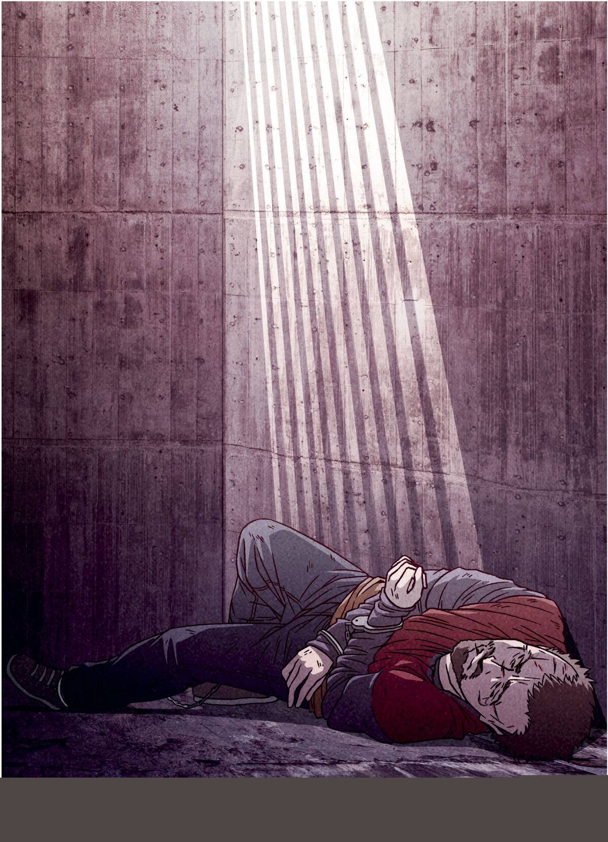 A sketch of a man laying on the floor of a cell in a slant of light.