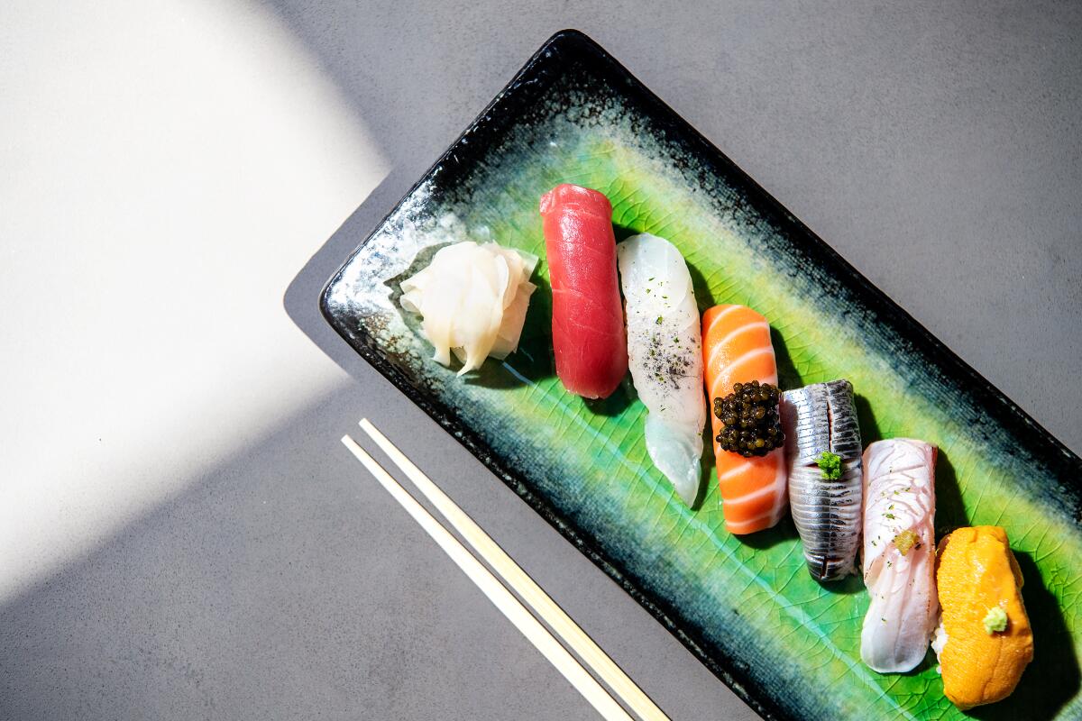 Gari is highlighted on a plate of omakase sushi from The Brothers Sushi in Woodland Hills.