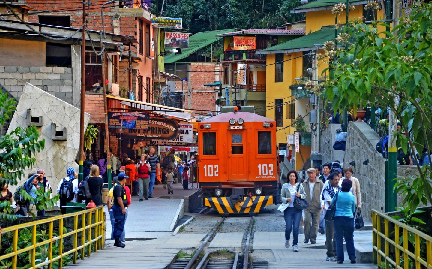 The town of Aguas Calientes, Peru, also known as El Pueblo de Machu Picchu, stands at the foot of Machu Picchu, astride the railroad tracks that lead to Cuzco.