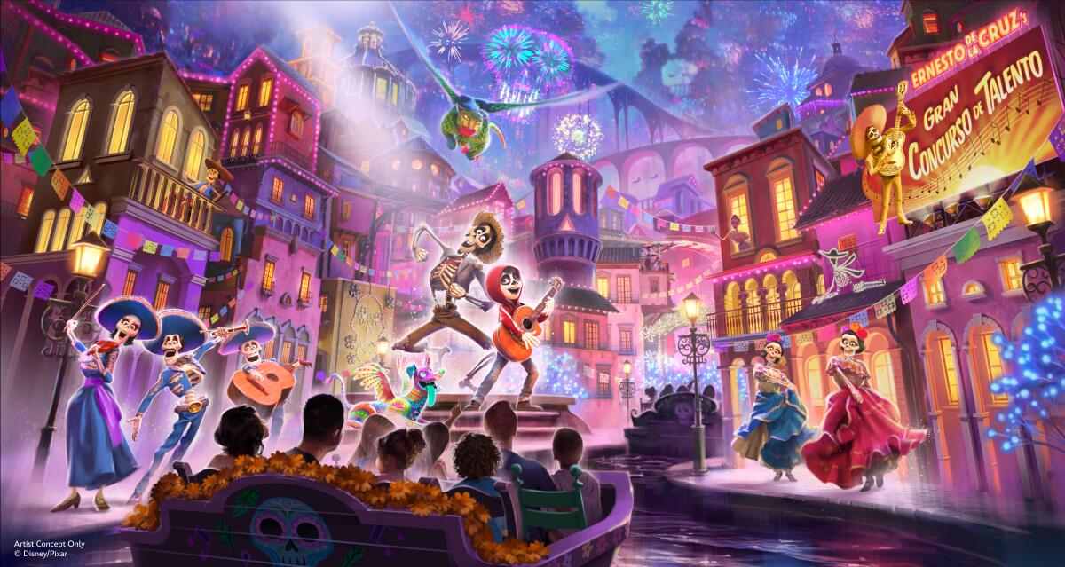 Guests on a boat in a Día de Muertos-inspired world.