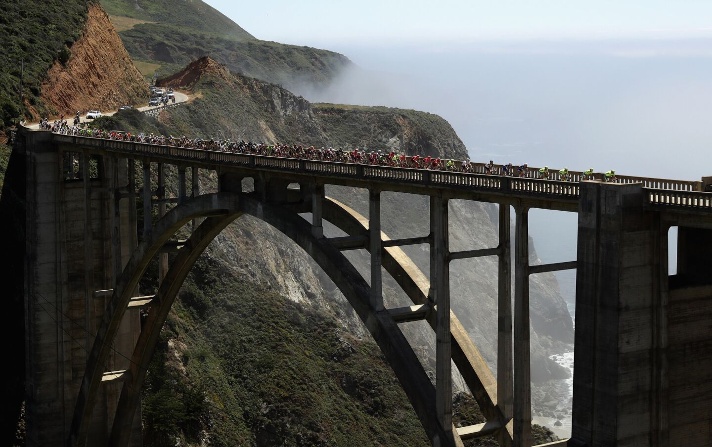 Riders in the Tour of California's fourth stage cross the Bixby Bridge on their way from Morro Bay to Monterey on May 18.
