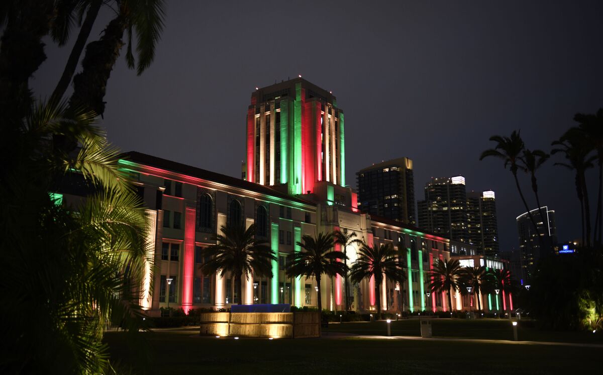 The San Diego County Administration Building is lit in honor of Juneteenth Friday, June 19, 2020 in San Diego