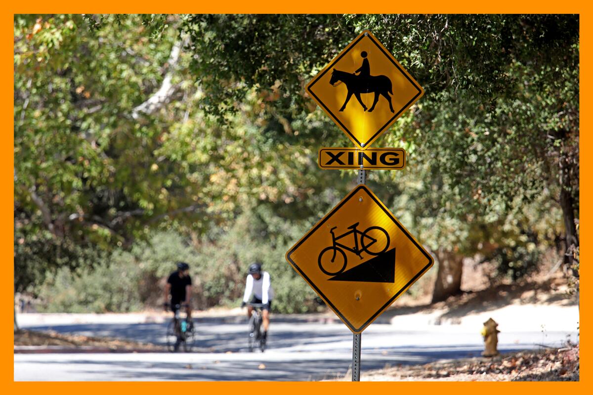 Two people on bikes in a park setting with a yellow horse-crossing sign in the foreground. 