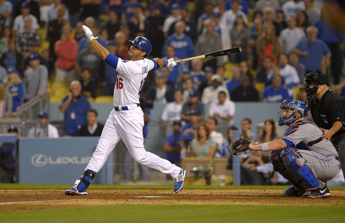 Andre Ethier hits a two-run home run in the bottom of the ninth inning to tie the score during the Dodgers' eventual 12-inning win over the New York Mets on Wednesday night.