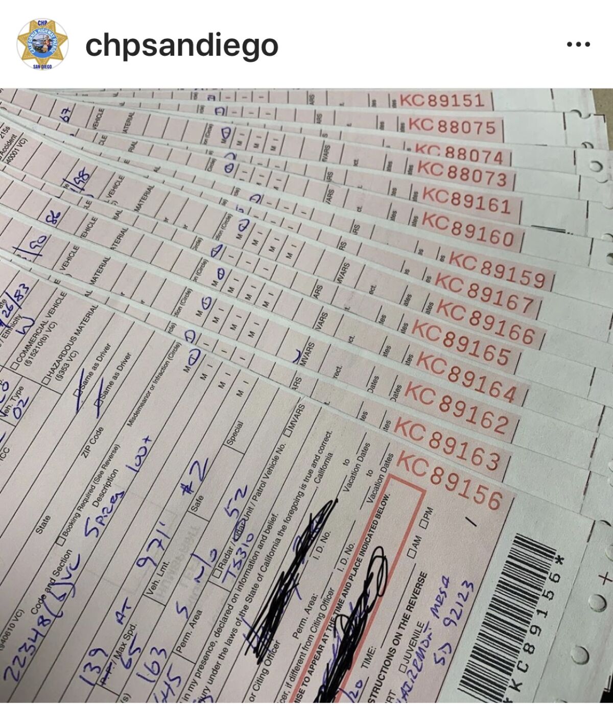 California Highway Patrol officers posted on Instagram some of the speeding citations written during a recent enforcement on Interstate 5.