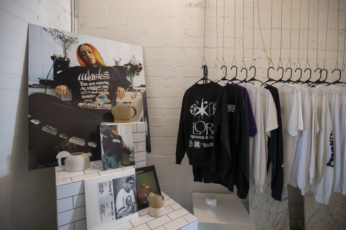 Shirts and other merchandise at the Total Luxury Spa headquarters in the Crenshaw neighborhood of Los Angeles.