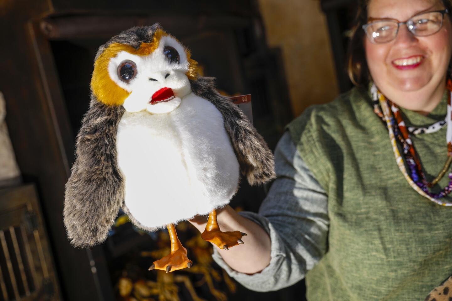 A Porg puppet, on sale for $44.99, at the Creature Stall inside the marketplace.