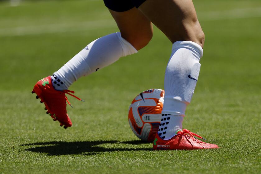 A United States women's national team member takes a shot during a FIFA Women's World Cup send-off soccer match in San Jose, Calif., Sunday, July 9, 2023. (AP Photo/Josie Lepe)