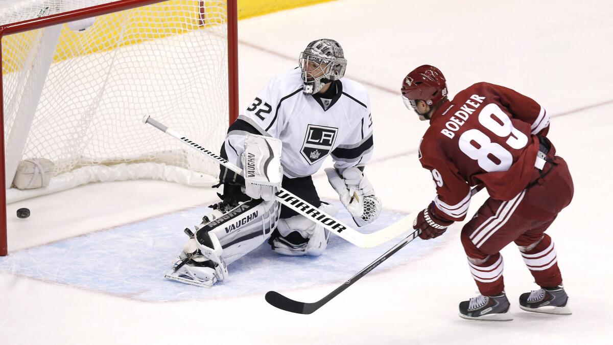 Arizona Coyotes forward Mikkel Boedker scores on Kings goalie Jonathan Quick during the second period of the Kings' 3-2 overtime loss Saturday.