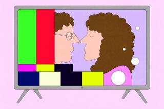 Technical difficulties interrupt a kiss on a tv screen.