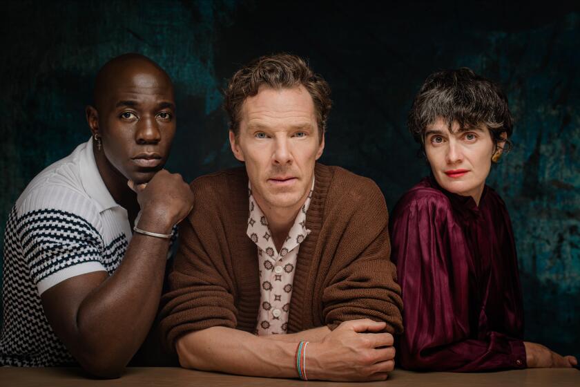 Los Angeles, CA - May 14: From right - Gaby Hoffman, Benedict Cumberbatch, and McKinley Belcher III stars of Netflix's "Eric," poses for a portrait on Tuesday, May 14, 2024 in Los Angeles, CA. (Jason Armond / Los Angeles Times)