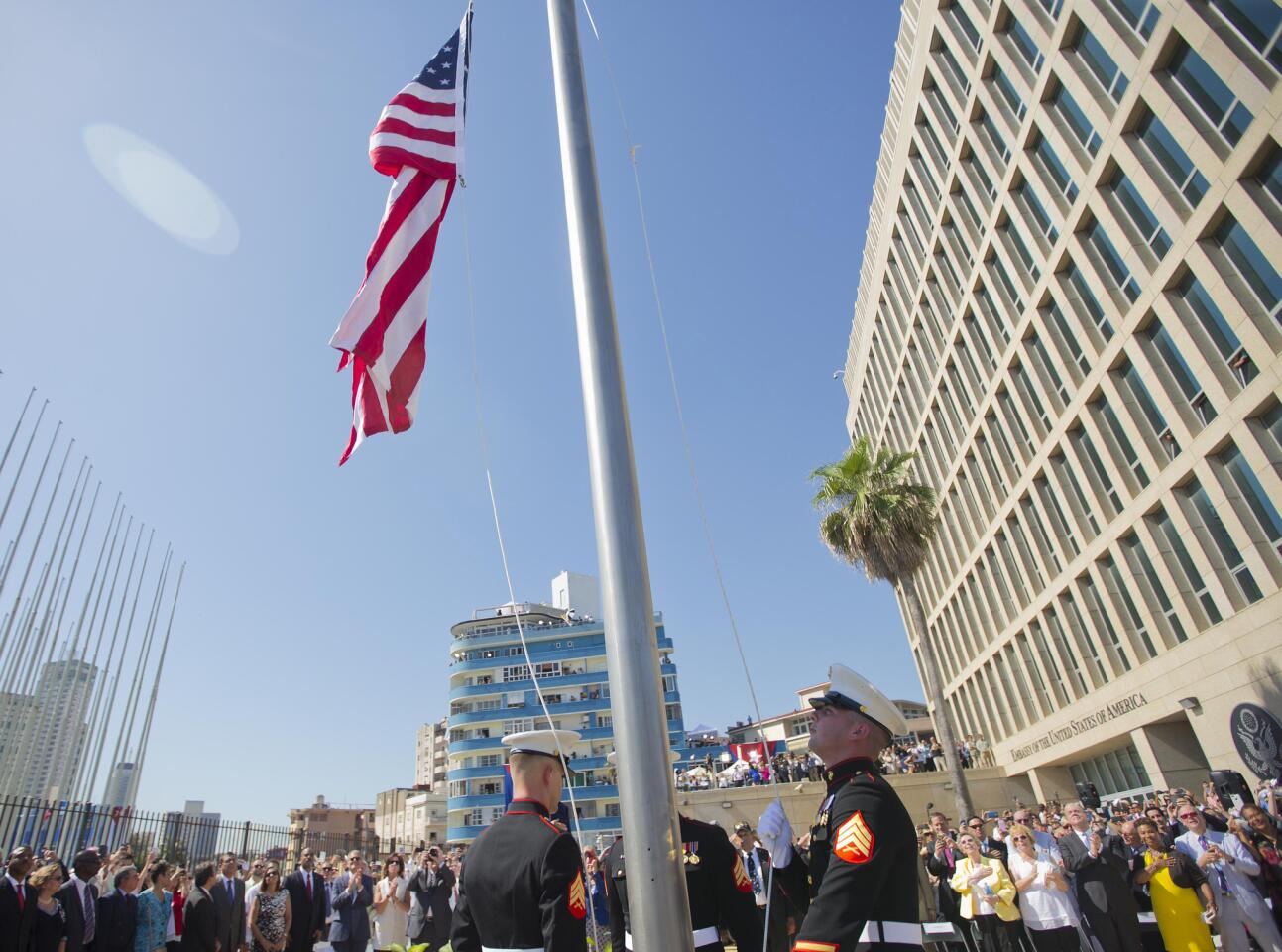 Marines raise the U.S. flag over the newly reopened American Embassy in Havana on Aug. 14.