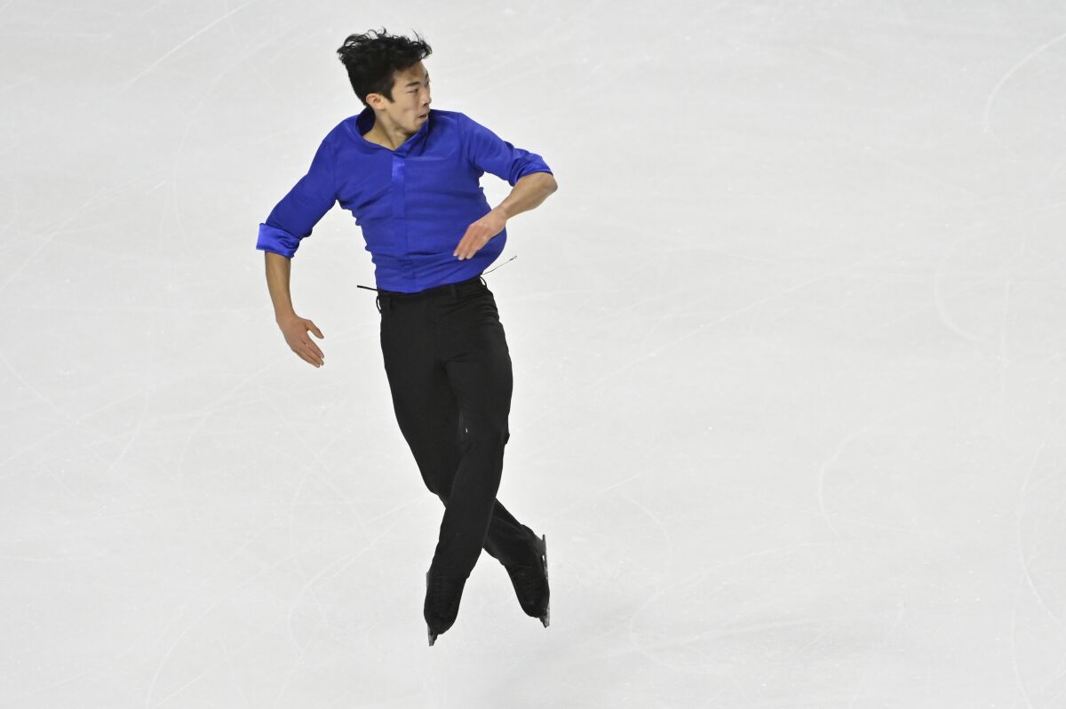 Nathan Chen, of the United States, competes during men's free skating program in the International Skating Union Grand Prix of Figure Skating Series, Saturday, Oct. 24, 2020, in Las Vegas. (AP Photo/David Becker)