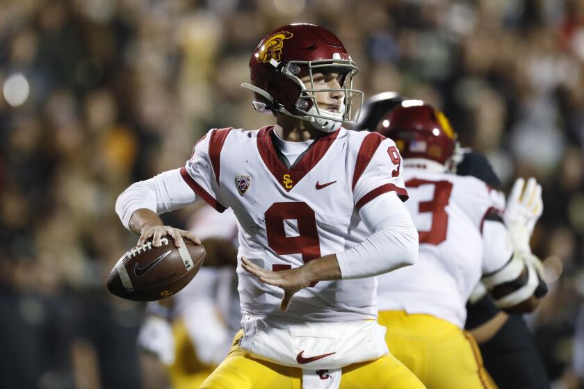 Southern California quarterback Kedon Slovis (9) in the second half of an NCAA college football game Friday, Oct. 25, 2019, in Boulder, Colo. Southern California won 35-31. (AP Photo/David Zalubowski)