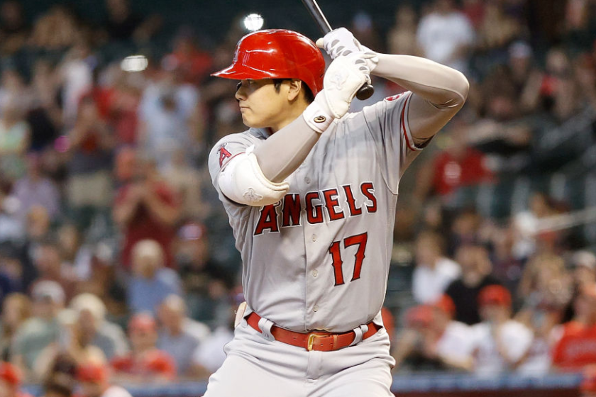 PHOENIX, ARIZONA - JUNE 13: Shohei Ohtani #17 of the Los Angeles Angels bats against the Arizona Diamondbacks.