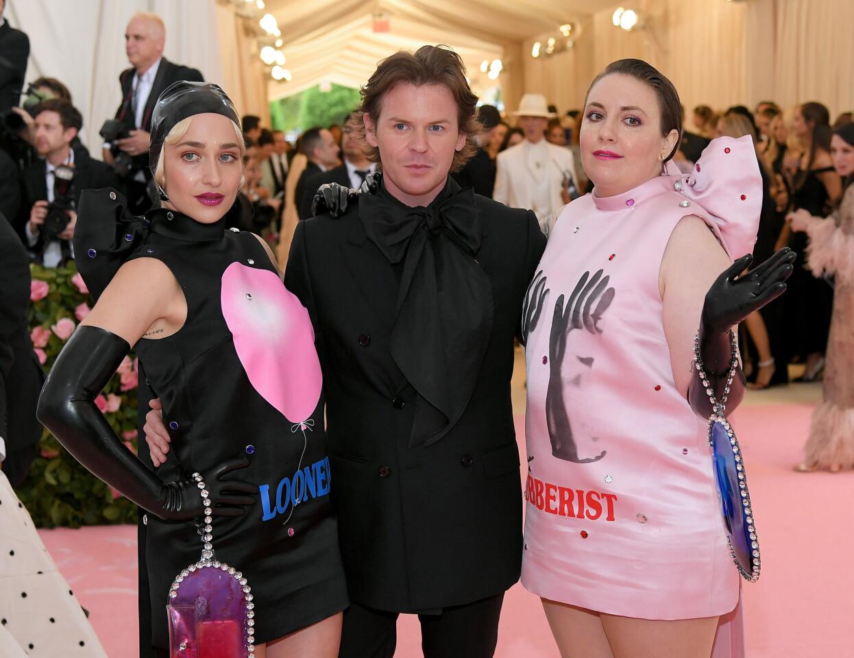 Jemima Kirke (in Christopher Kane), from left, Christopher Kane and Lena Dunham (in Christopher Kane) at the 2019 Met Gala.