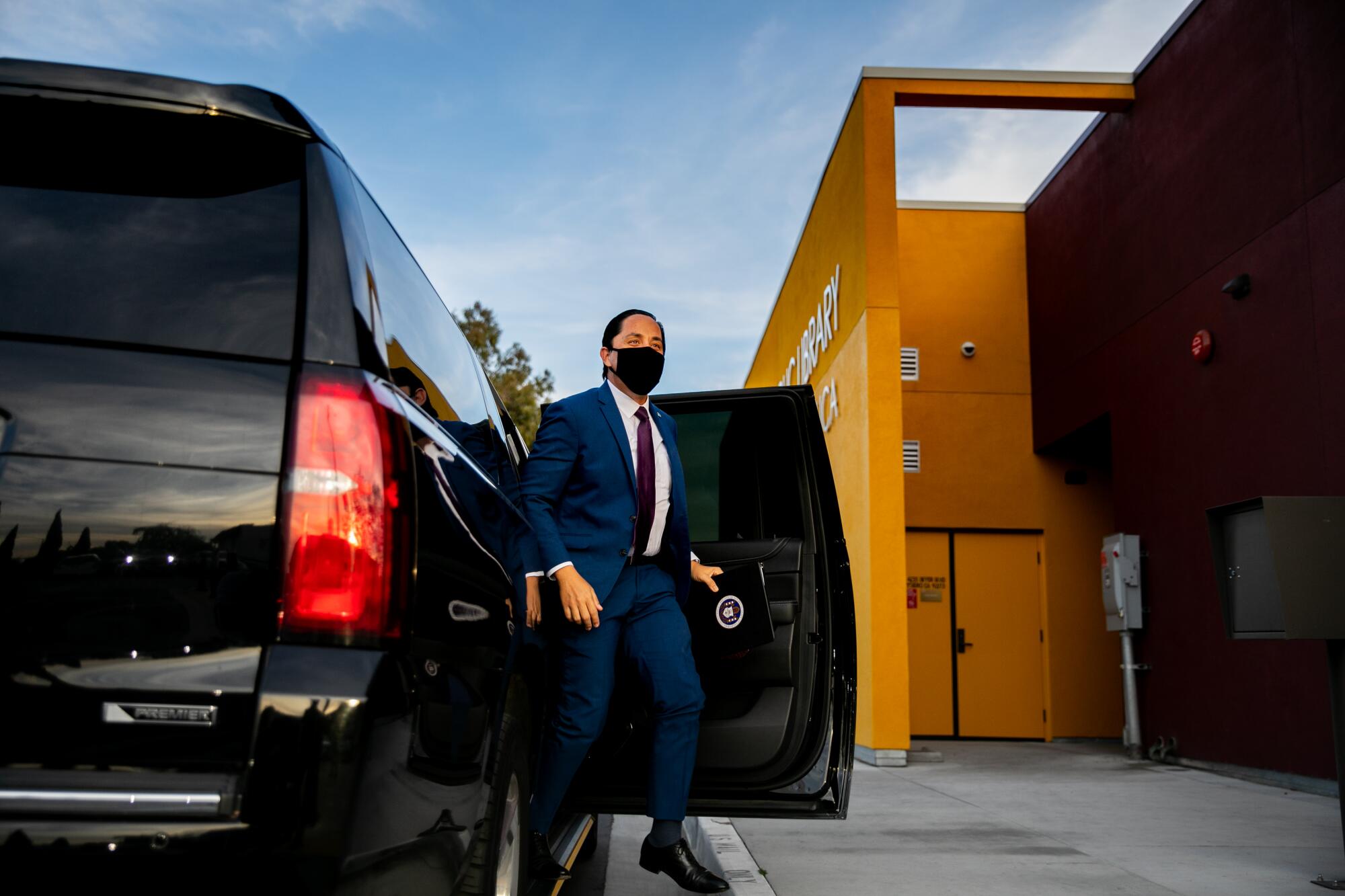 Mayor Todd Gloria arrives at the San Ysidro Branch Library on Wednesday to give State of the City speech.