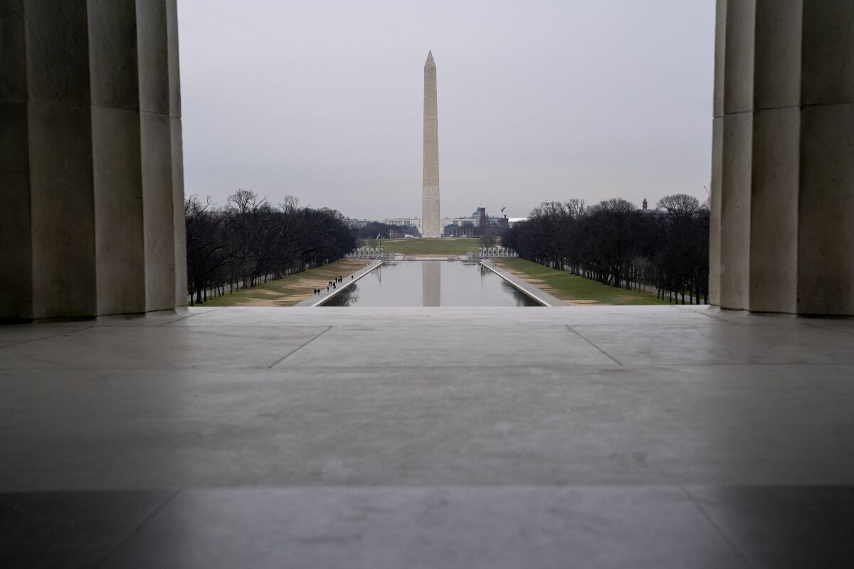 The Washington Monument is seen from the Lincoln Memorial on Jan. 11, 2021 in Washington, DC.