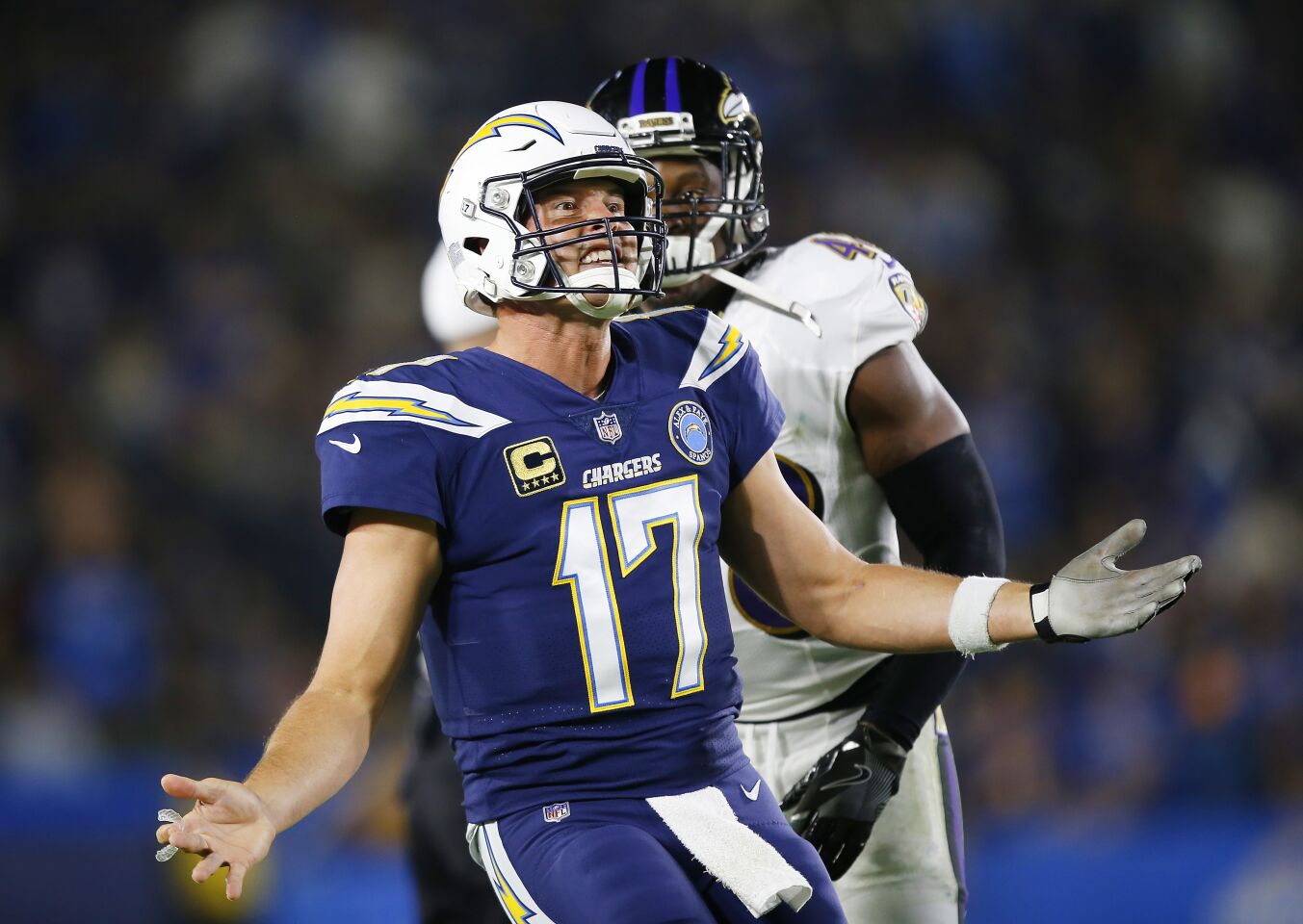 Los Angeles Chargers Philip Rivers argues a call against Keenan Allen in the 1st quarter against the Baltimore Ravens in Carson on Saturday, Dec. 22, 2018.