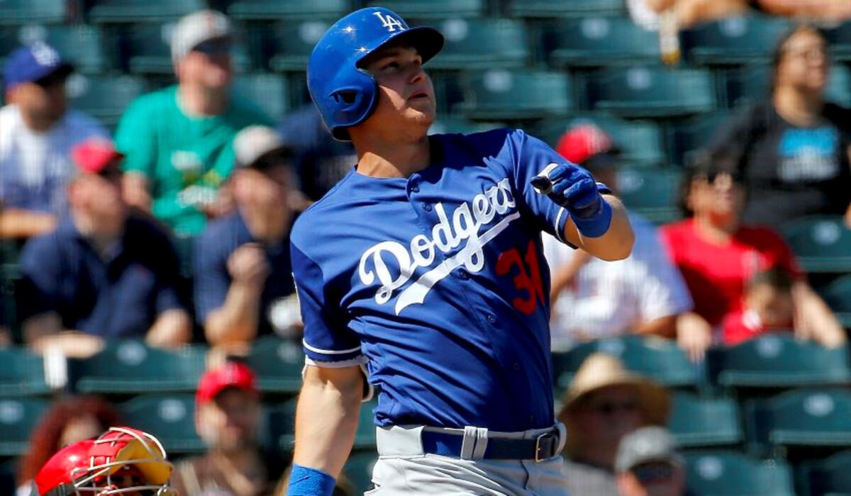 Dodgers outfielder Joc Pederson hits his first home run of the season