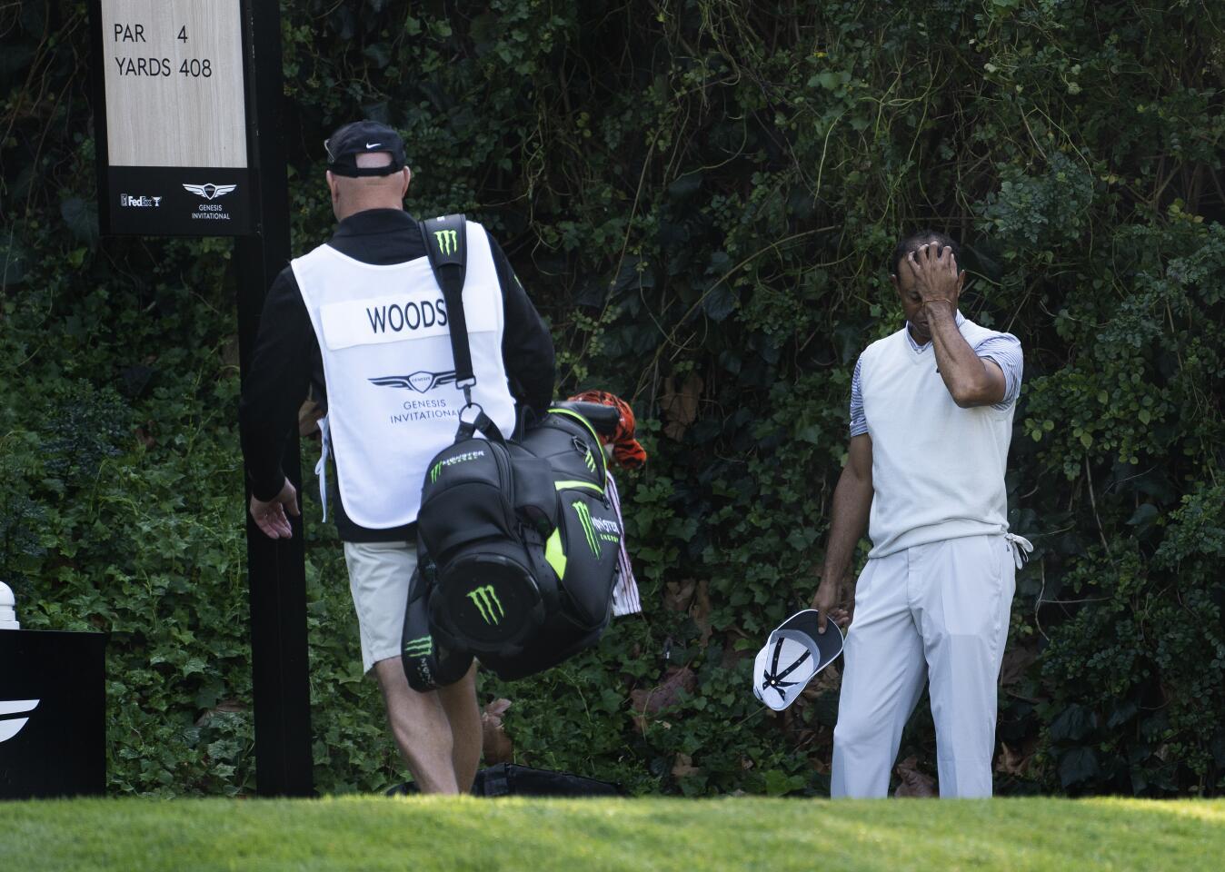 Tiger Woods reacts after bogeying the sixth hole during the second round of the Genesis Invitational at Riviera Country Club on Feb. 14, 2020.