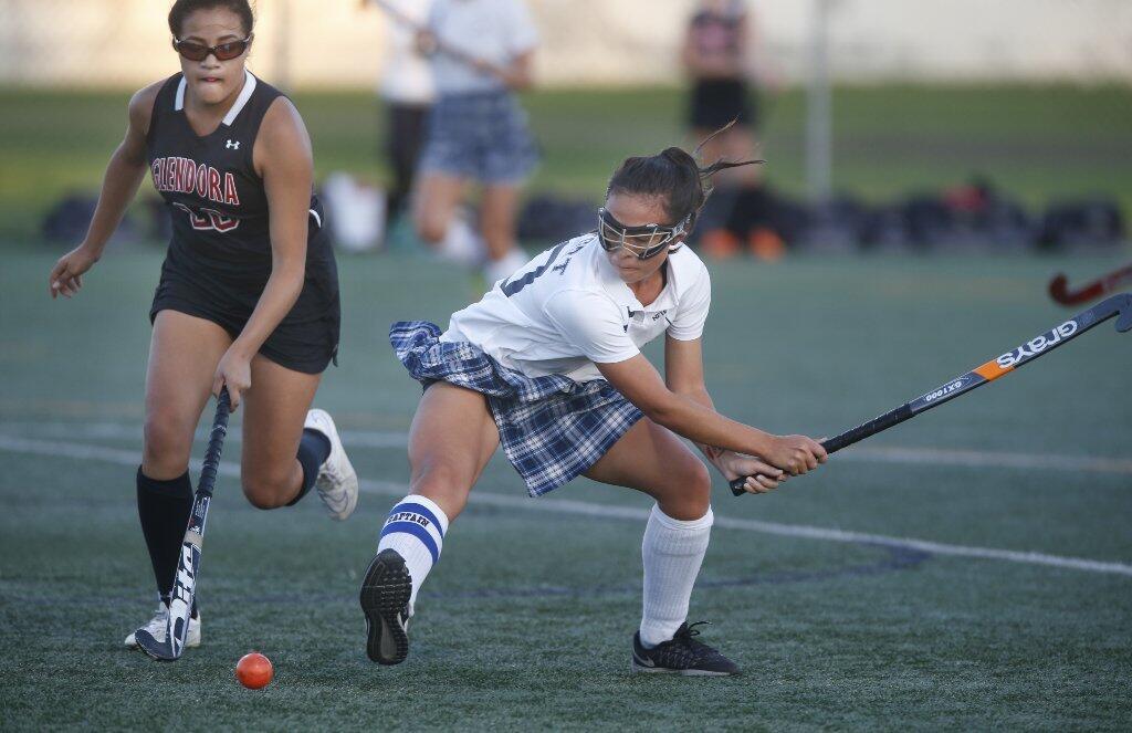 Newport Harbor's Georgia Yokohama fires toward the goal against Glendora.